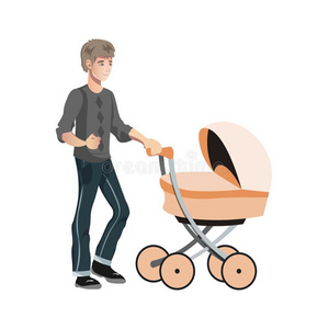 父亲和蹒跚行走的人采用指已提到的人婴儿车.