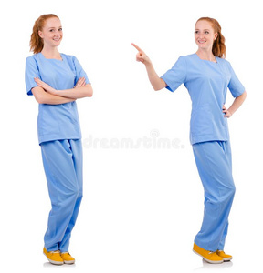 指已提到的人漂亮的医生采用蓝色制服隔离的向白色的