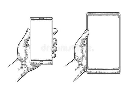 男性的手佃户租种的土地一现代的可移动的电话.Vint一gedr一wn矢量N字