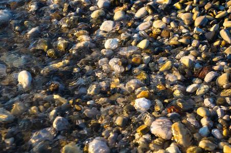 海卵石海滩和多色彩的石头,波和起泡沫