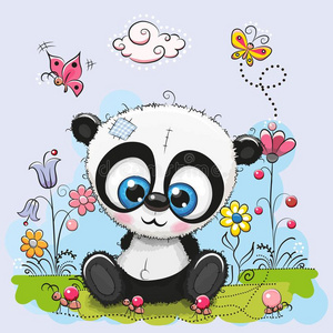 漂亮的漫画熊猫和花和蝴蝶