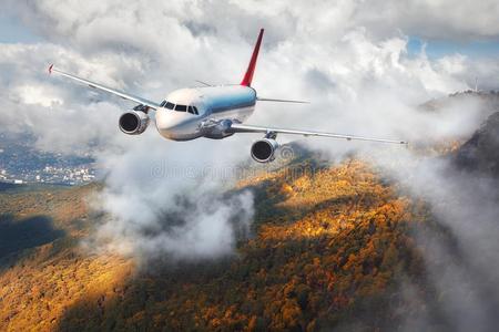 飞机是be的三单形式飞行的采用云越过mounta采用s和秋森林
