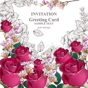 招待卡片矢量.玫瑰美好花.倒挂金钟属植物粉红色的颜色
