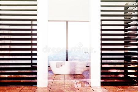 奢侈白色的和黑的浴室,白色的澡盆某种语气的