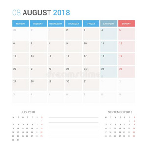 日历计划者为八月2018矢量设计样板萨拉