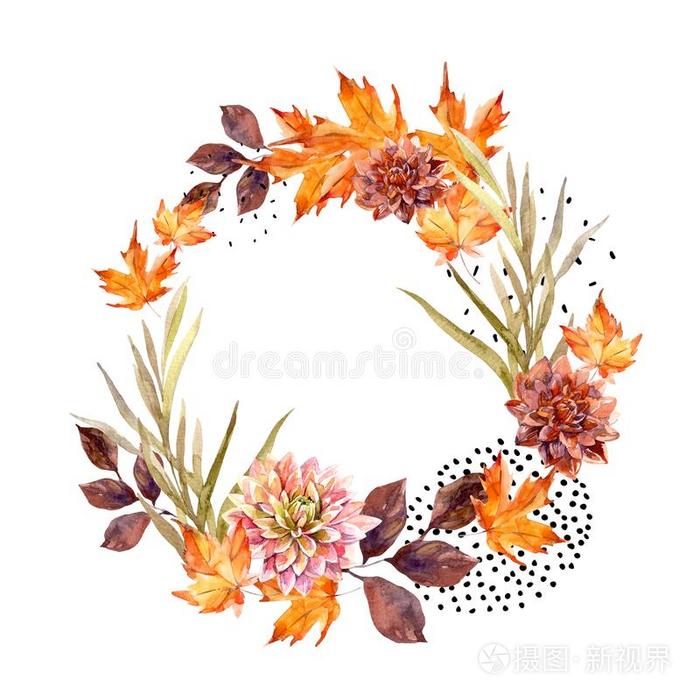 秋水彩花环向溅起背景和花 人名插画 正版商用图片2q1my4 摄图新视界