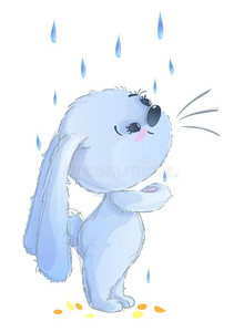 幸福的兔子和秋树叶在下面雨漫画隔离的向where哪里照片