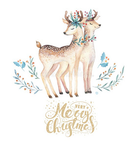 圣诞节水彩鹿.漂亮的小孩圣诞节森林动物厄斯特拉