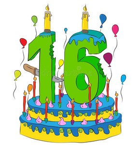 生日蛋糕和数字十六蜡烛,庆祝十六th