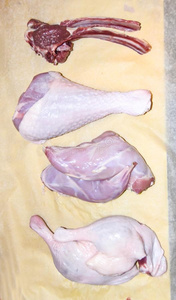 生的各式各样的肉兔子羊肉火鸡鸭子猪肉煮熟的向一p一p