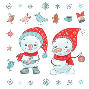 圣诞节招呼卡片和漂亮的雪人,鸟和雪花
