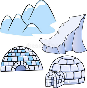 企鹅和圆顶冰屋两个冬雪块砌成的圆顶小屋住宅,冰大浮冰和蒙山照片