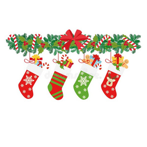圣诞节短袜和garl和从指已提到的人圣诞节树矢量图解