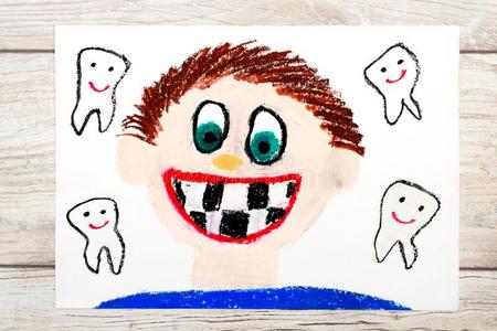 绘画微笑的男孩在外部奶牙.失败的婴儿牙.