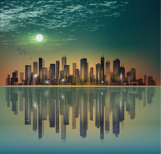 现代的夜城市地平线采用月光或日落,和再选