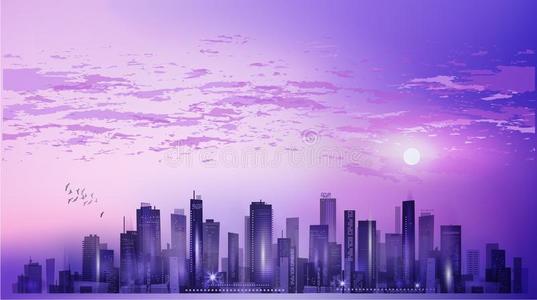 现代的夜城市城市scape采用月光或日落,和反射