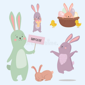 复活节兔子性格兔子不同的使摆姿势矢量漂亮的幸福的一