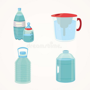 放置塑料制品瓶子关于纯的水,不同的瓶子设计