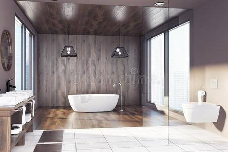 木制的浴室,澡盆,淹没和洗手间