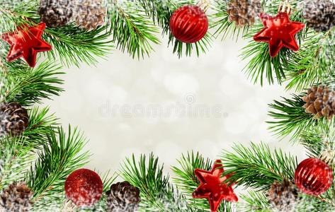 圣诞节树细枝,圆锥细胞,杂乱和雪框架