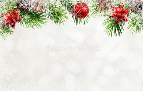 圣诞节树细枝,圆锥细胞,杂乱和雪花为背景