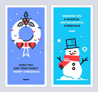 圣诞节和新的年直线的卡放置和雪人和花环.
