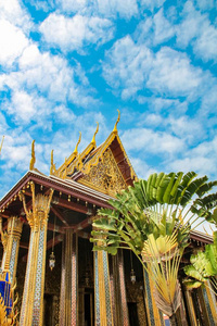 宏大的宫采用扇形棕榈细纤维,泰国