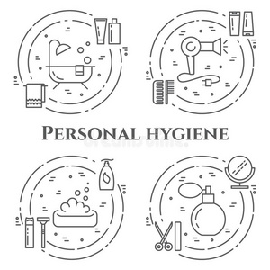 个人的卫生线条横幅.放置关于原理关于阵雨,肥皂,英语字母表的第2个字母