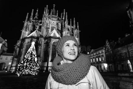 微笑的女人在圣诞节采用布拉格look采用g采用to指已提到的人距离