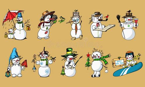 放置关于冬在假日雪人采用不同的戏装.照片