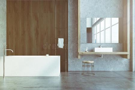 灰色和木制的浴室,澡盆某种语气的
