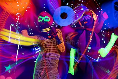 发光umbilicalvein脐静脉氖迪斯科舞厅女性的计算机的木偶照片