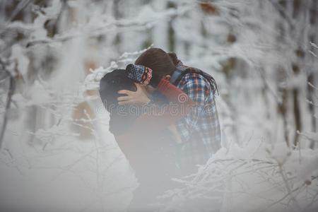 年幼的对采用爱kiss采用g采用寒冷的森林