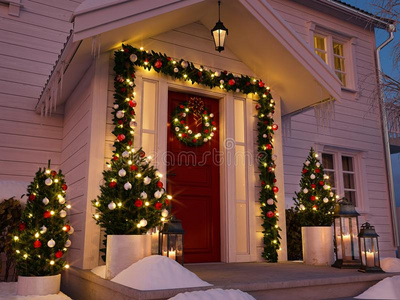 圣诞节装饰门廊和小的树和灯笼.3英语字母表中的第四个字母DOS命令更改文件名