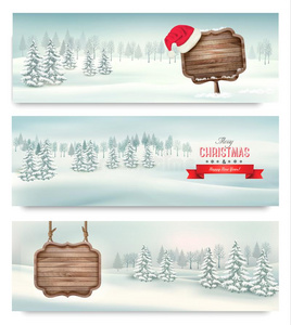 假日圣诞节横幅和冬土地恐慌和木制的符号.