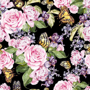 美丽的水彩模式和牡丹和玫瑰花,拉文德