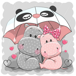 漂亮的漫画河马和雨伞