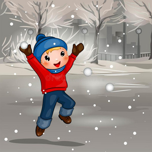 男孩投掷运动雪球漫画说明照片