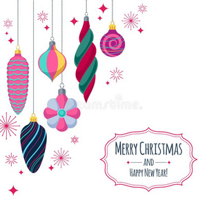 富有色彩的制动火箭小玩意背景.装饰的圣诞节树balancing平衡