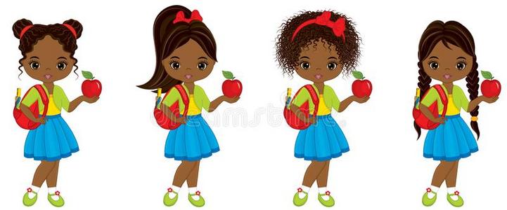 矢量漂亮的小的非洲的美国人女孩和学校袋和关于