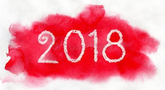 新的年2018.白色的字体向指已提到的人红色的水彩背景.