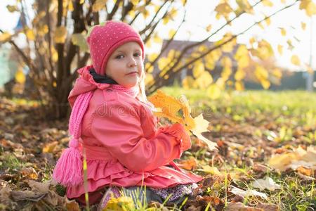女孩收集秋树叶