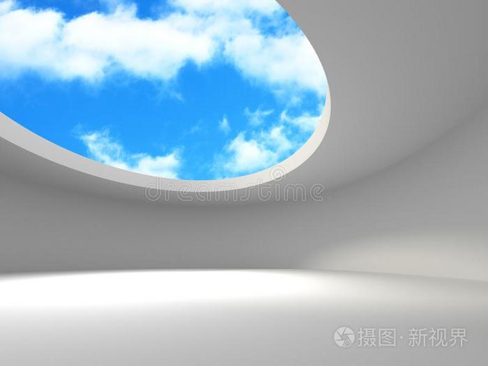 空的白色的房间内部和窗向天