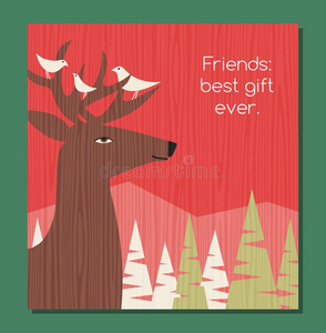 假日招呼卡片冬地点和鹿和鸟朋友
