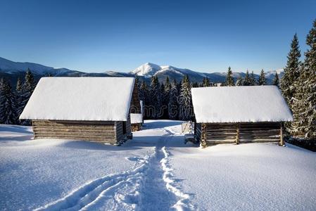 极好的风景和下雪的房屋