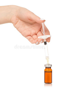 玻璃医学小瓶肉毒杆菌素或流行性感冒和医学的注射器女性的hand手