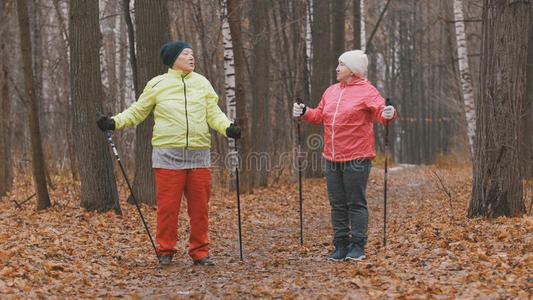 两个上了年纪的女人采用秋公园do采用g暖和的在上面在之前北欧人walnut胡桃