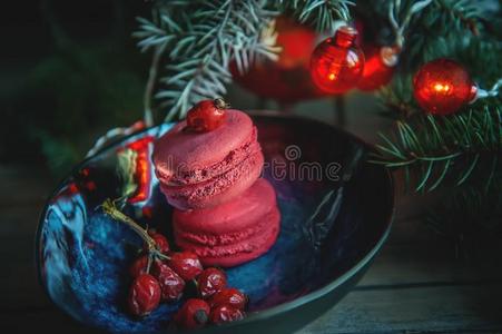 新鲜的红色的蛋白杏仁饼干和浆果关于野生的玫瑰向圣诞节表