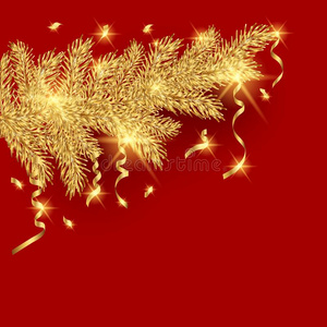 金树蛇金色的圣诞节树树枝和像蛇般蜷曲的向一红色的b一ckground.照片