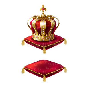 王国的金色的王冠向红色的丝绒枕头